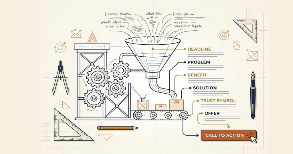 A schematic illustration showing raw content being organized through a structured writing formula