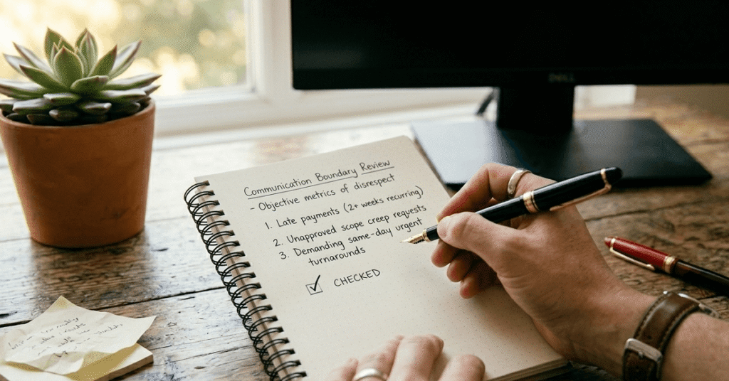 Close-up of a hand with a pen near a notepad list detailing boundary violations on a wooden desk.