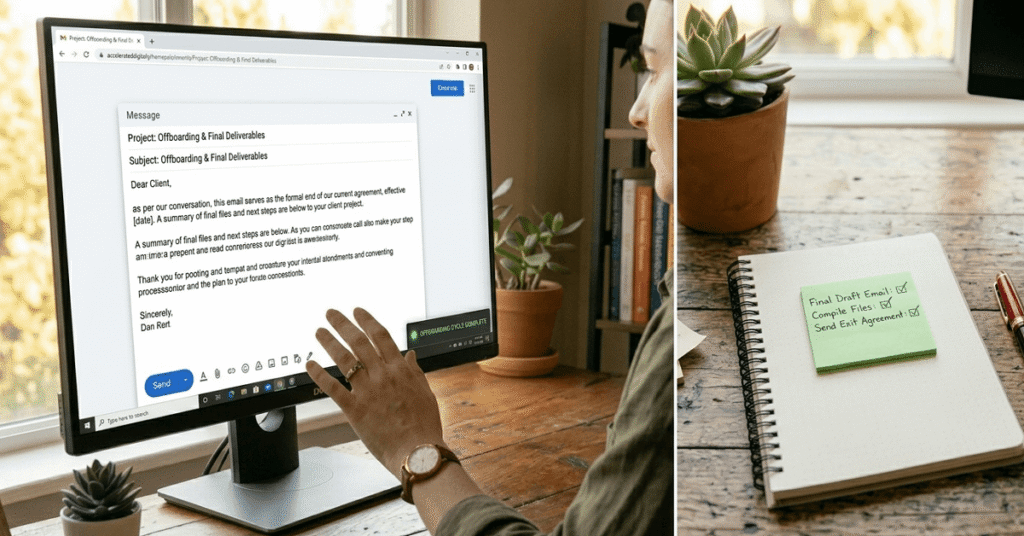 A split image showing an offboarding email composition and a closed notebook with a checkmark, indicating professional completion.